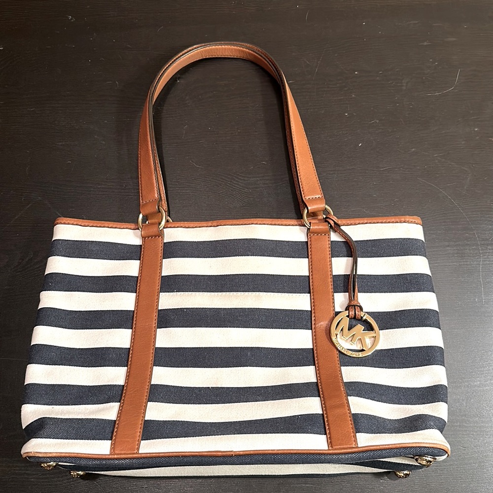 Michael Kors Cognac, White & Navy Stripped Purse